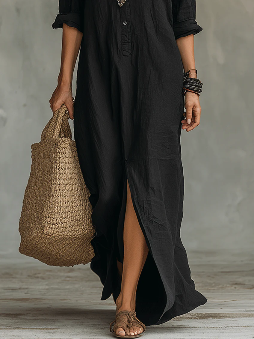 Soline | Vestido Maxi Negro – Diseño de Botones con Hombros Anchos
