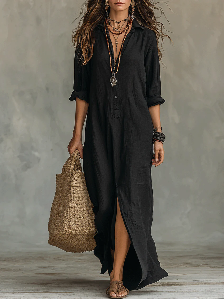 Soline | Vestido Maxi Negro – Diseño de Botones con Hombros Anchos