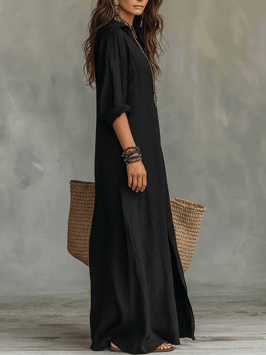 Soline | Vestido Maxi Negro – Diseño de Botones con Hombros Anchos