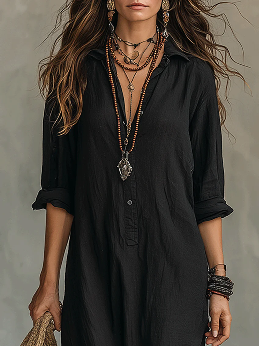 Soline | Vestido Maxi Negro – Diseño de Botones con Hombros Anchos