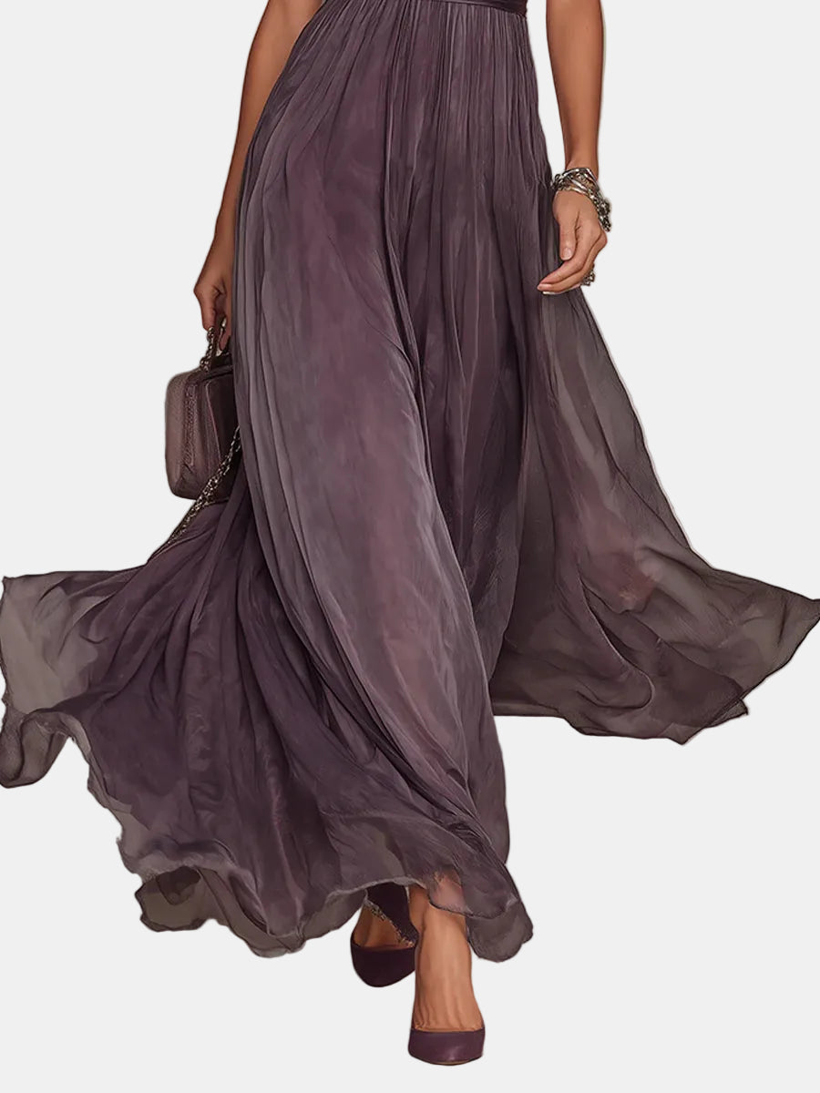 Flavia – Vestido largo morado con corte y acabado de encaje Mujer