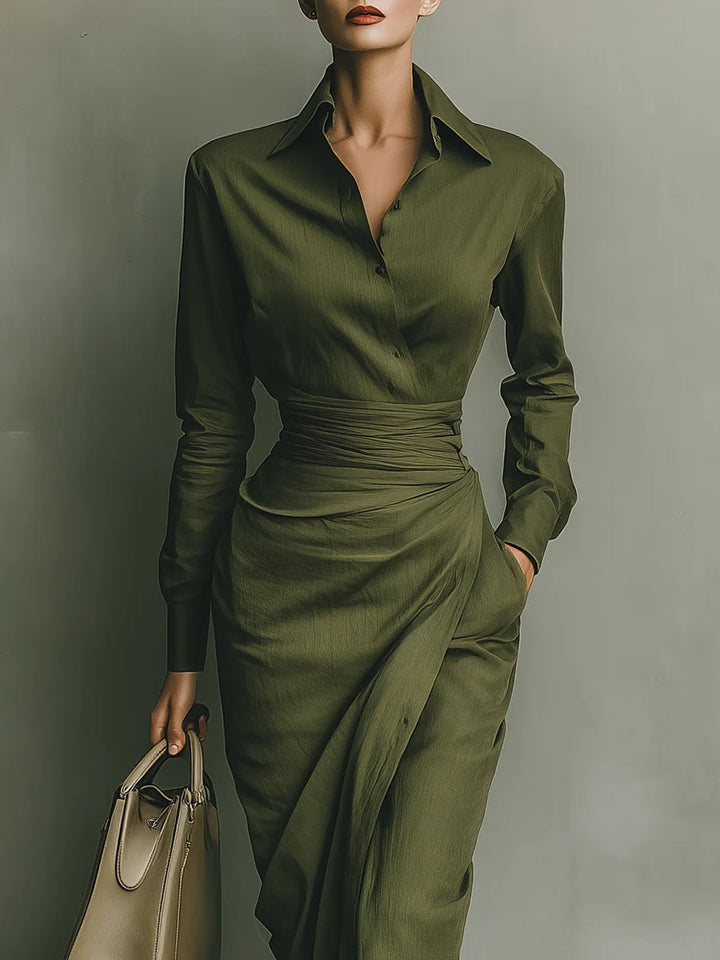 Noëlle | Maxi Vestido – Verde Oliva Cálido, Corte Elegante