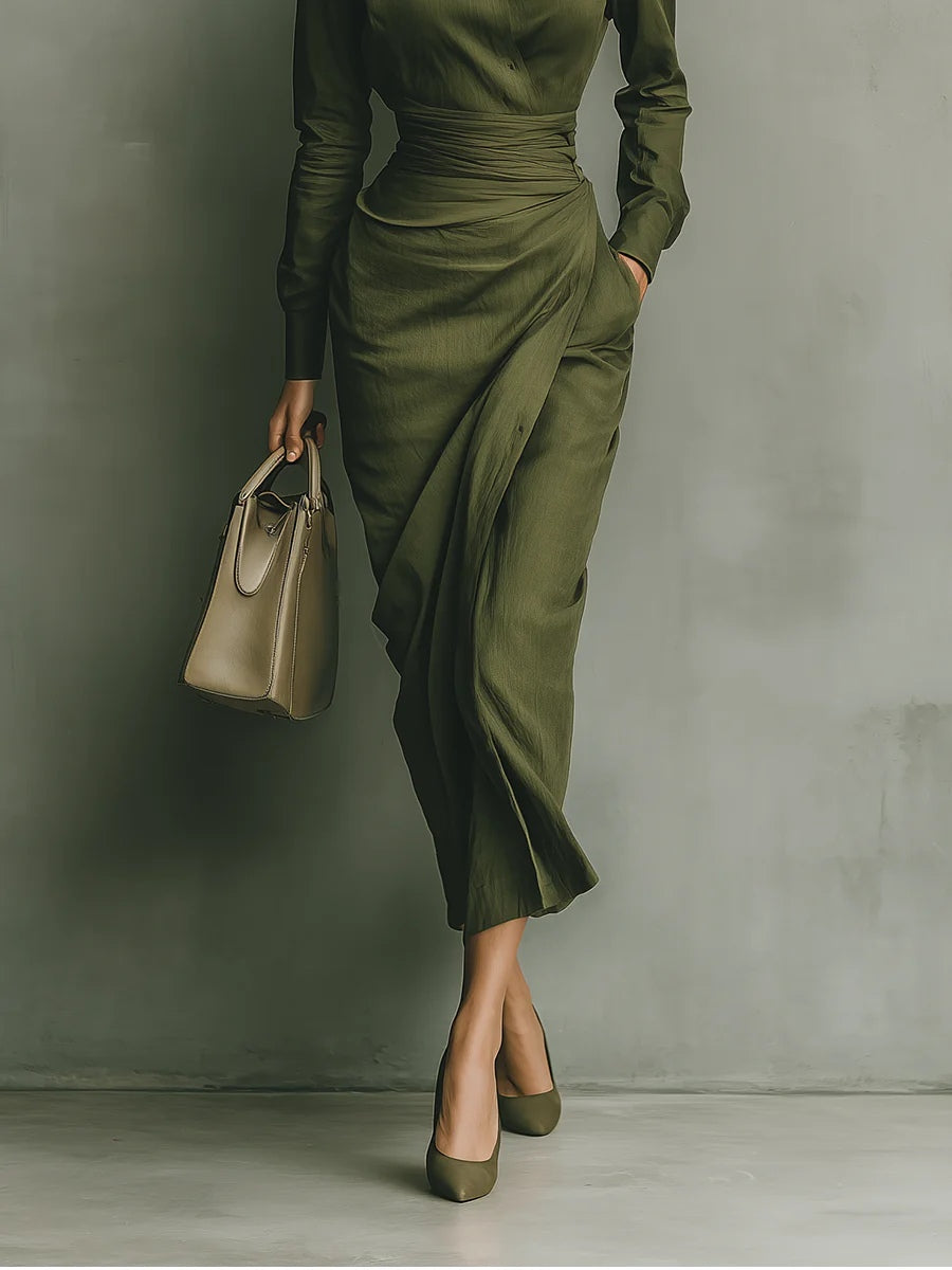 Noëlle | Maxi Vestido – Verde Oliva Cálido, Corte Elegante