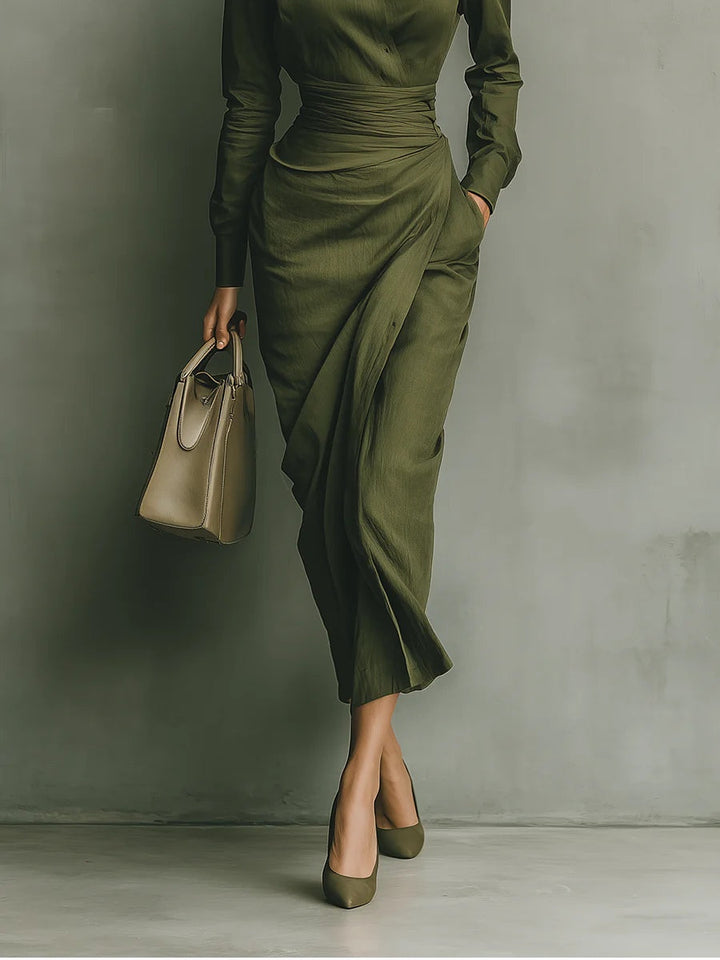 Noëlle | Maxi Vestido – Verde Oliva Cálido, Corte Elegante