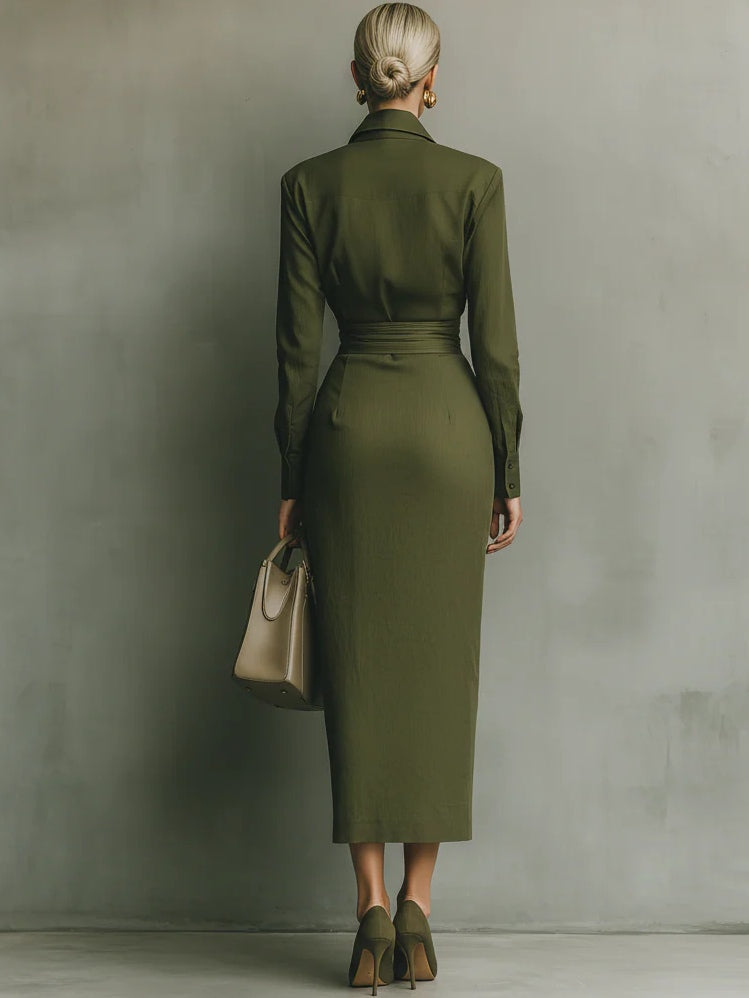 Noëlle | Maxi Vestido – Verde Oliva Cálido, Corte Elegante