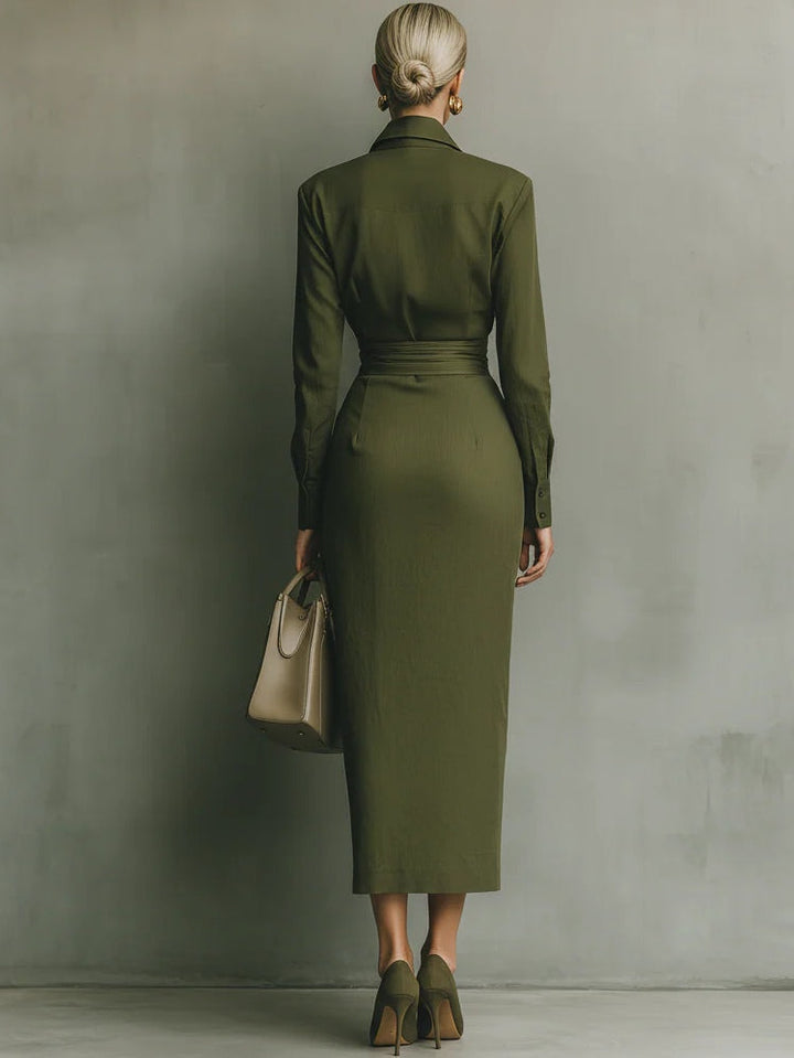 Noëlle | Maxi Vestido – Verde Oliva Cálido, Corte Elegante