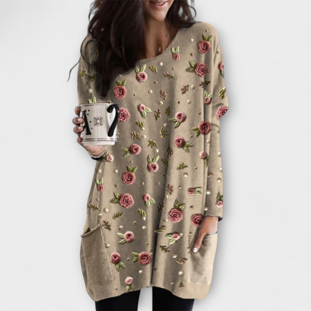 Layla - Túnica Beige con Motivo de Rosas