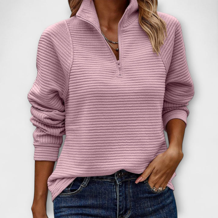 Vilja - Suéter de media cremallera en rosa con diseño de canalé