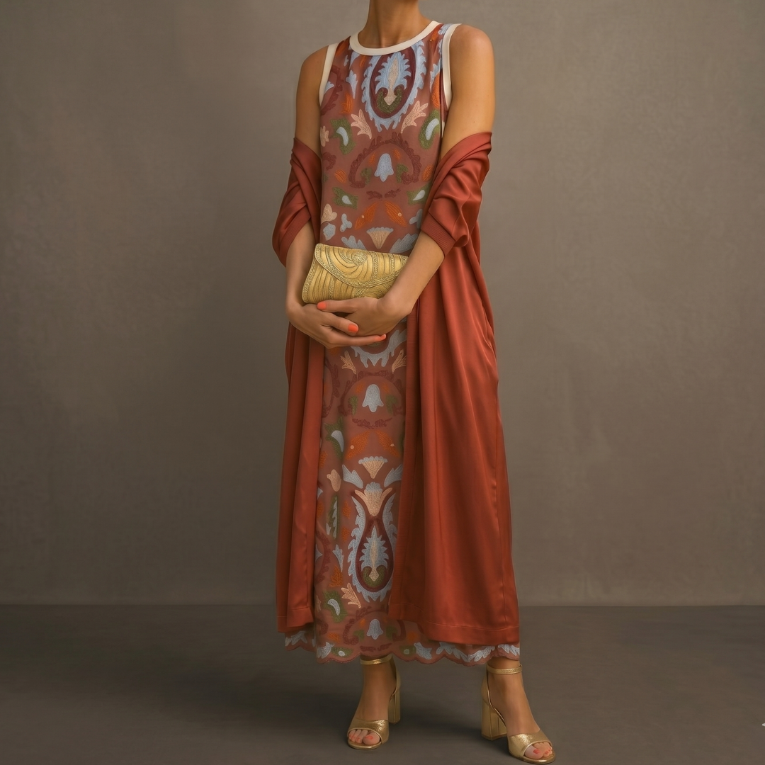Daniela - Vestido largo con estampado floral y chaleco ajustado Mujer