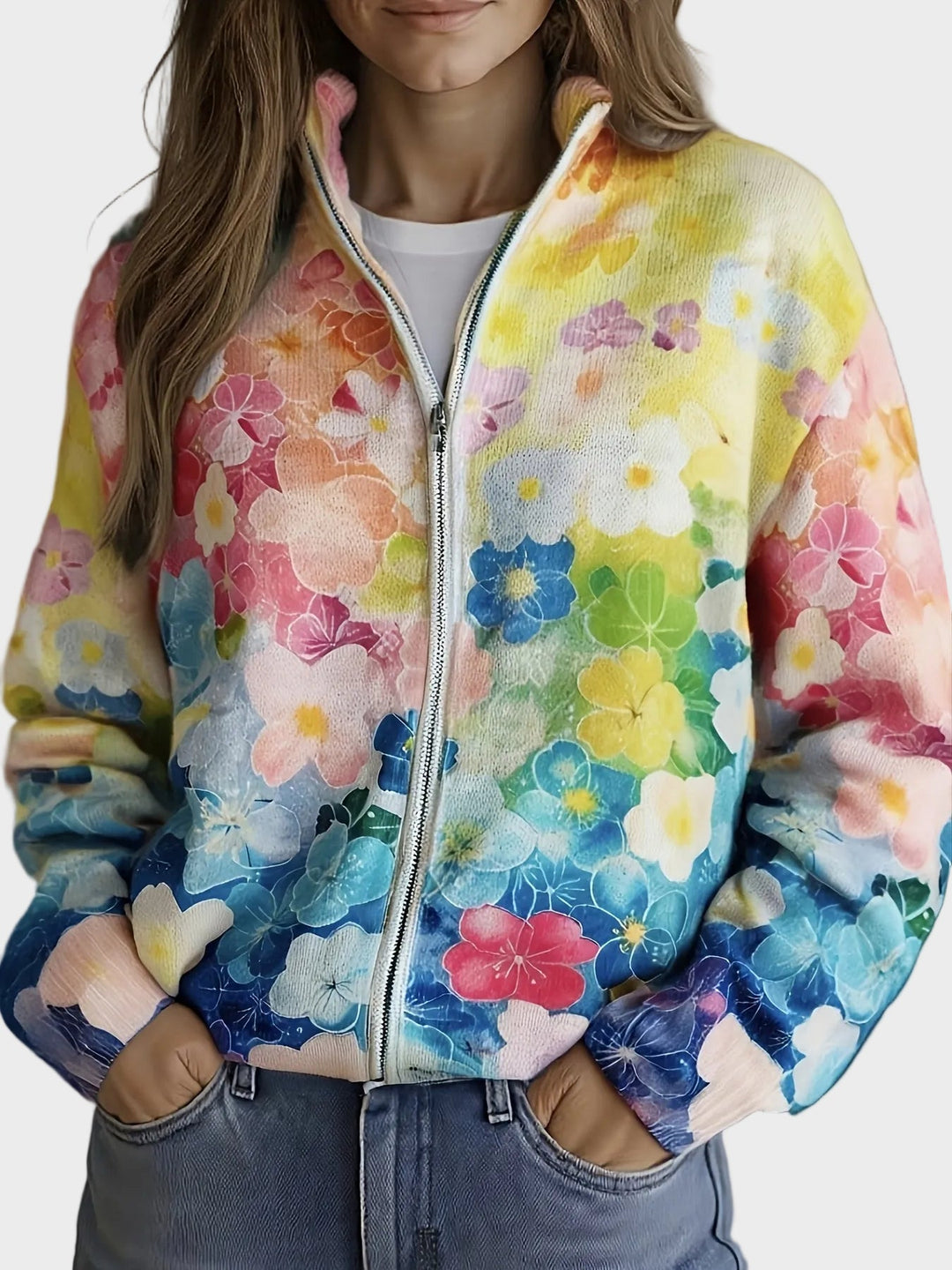 Augusta - Cárdigan con cremallera ombré floral acuarela