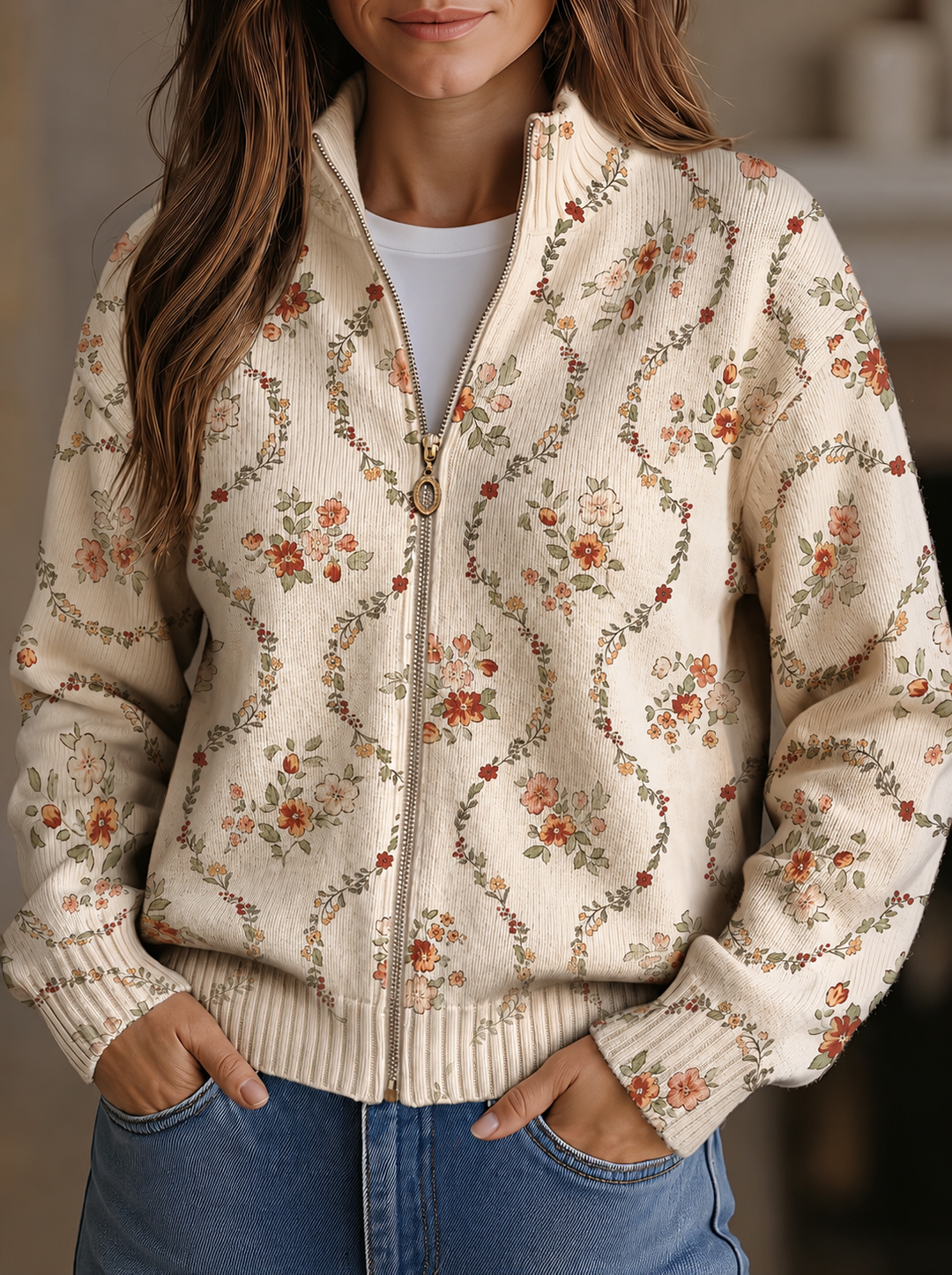 Persephone – Cárdigan con delicado estampado floral en crema