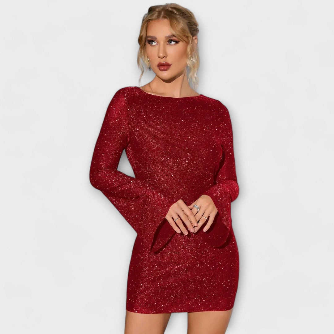 Vestido sin espalda con lentejuelas y mangas largas Mujer