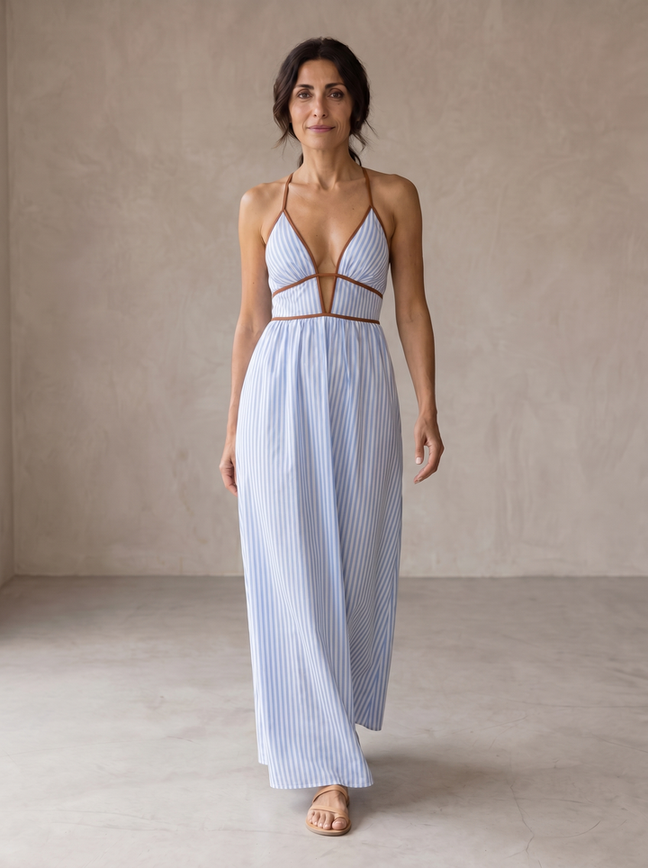 Laurina | Vestido Largo de Rayas con Escote Cut-Out