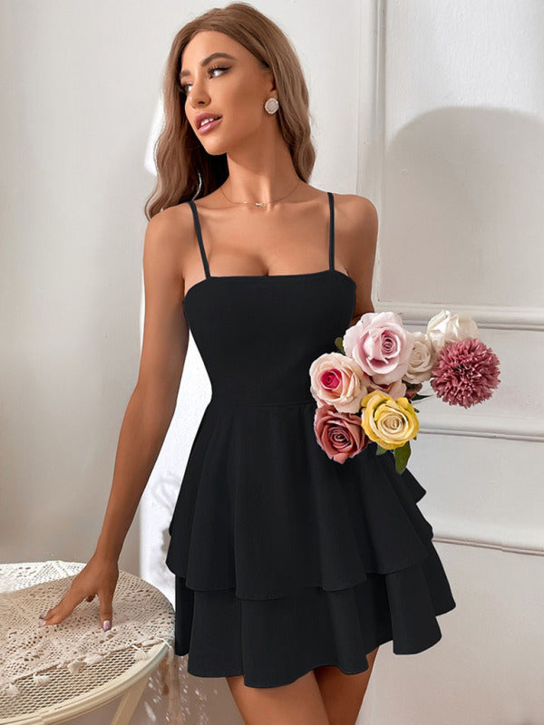 Alice - Mini vestido sin espalda con tirantes con lazo y falda en capas