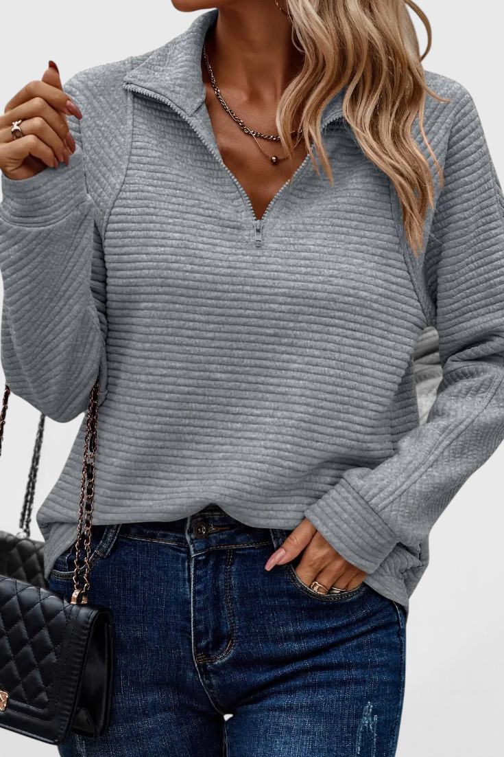 Helene Jersey de Cuello en V con Cremallera y Manga Larga
