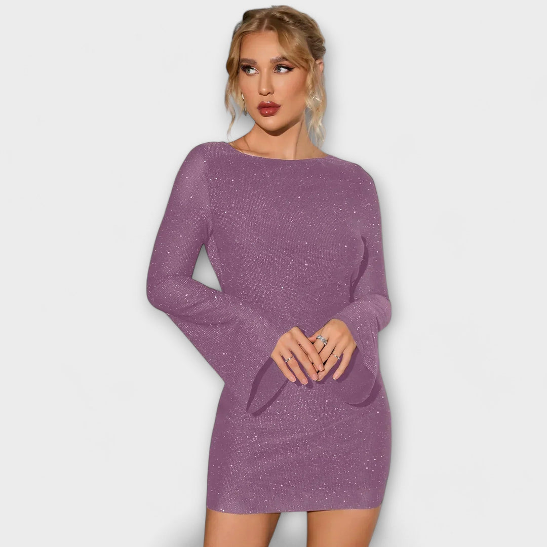 Vestido sin espalda con lentejuelas y mangas largas Mujer