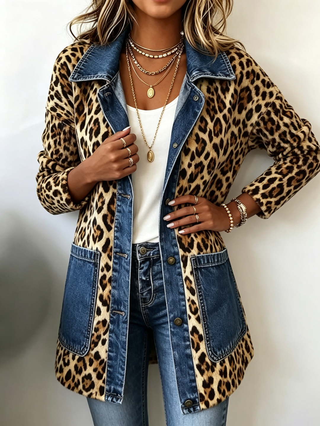 Nora | Chaqueta Larga de Leopardo con Detalles Vaqueros