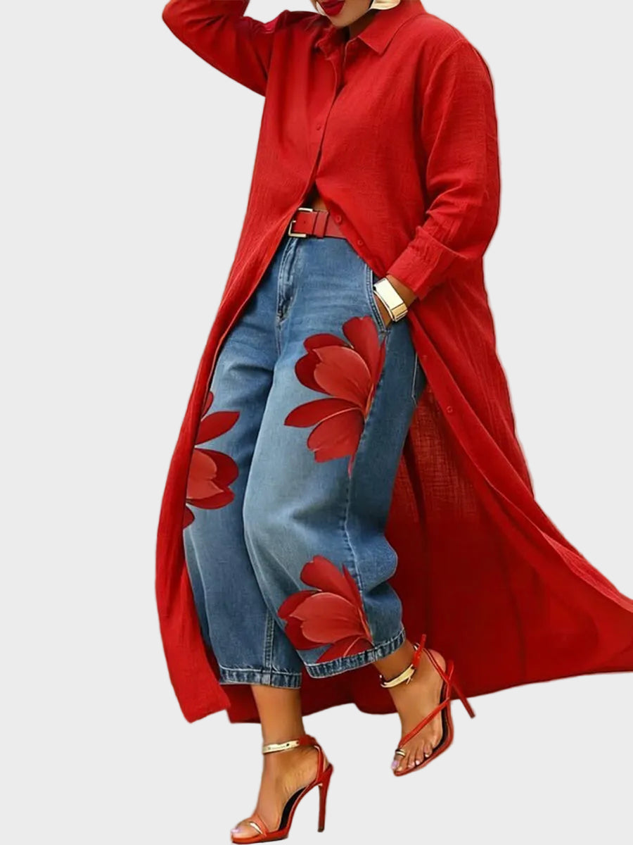 Daniella - Vestido de lino & Conjunto de denim floral Mujer