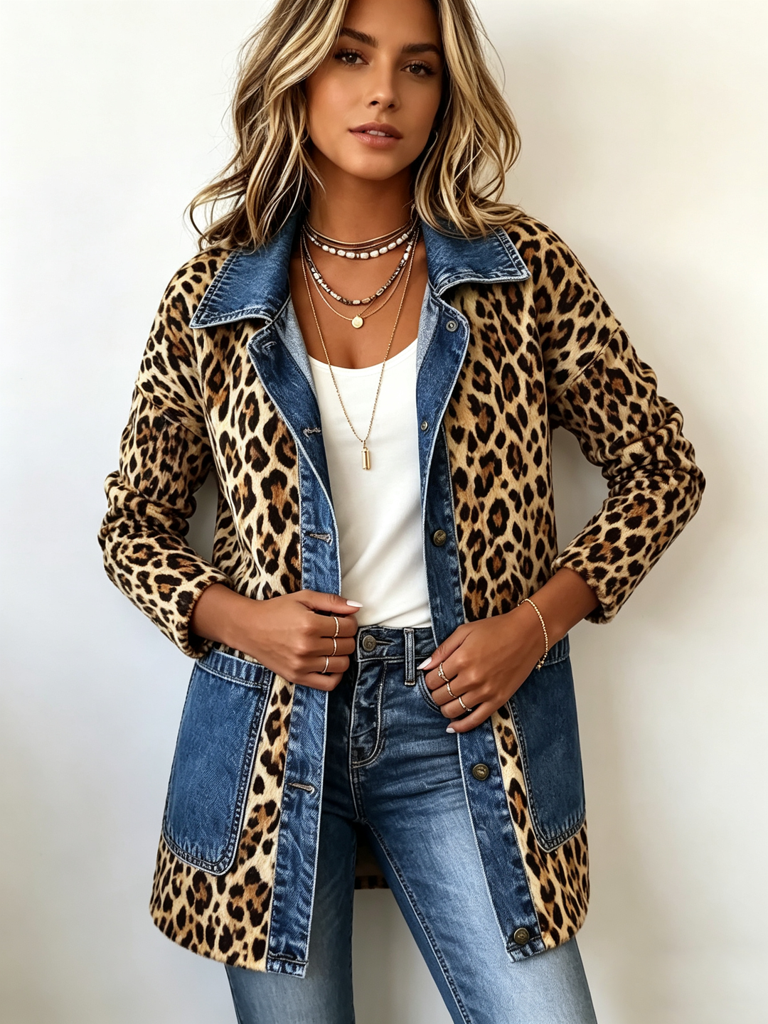 Nora | Chaqueta Larga de Leopardo con Detalles Vaqueros