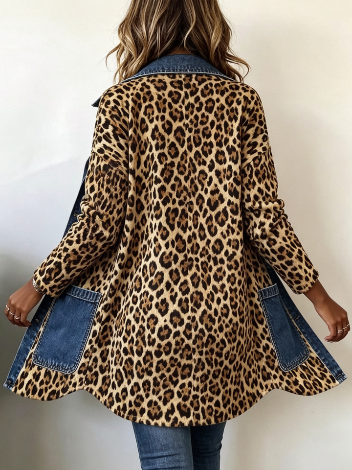 Nora | Chaqueta Larga de Leopardo con Detalles Vaqueros