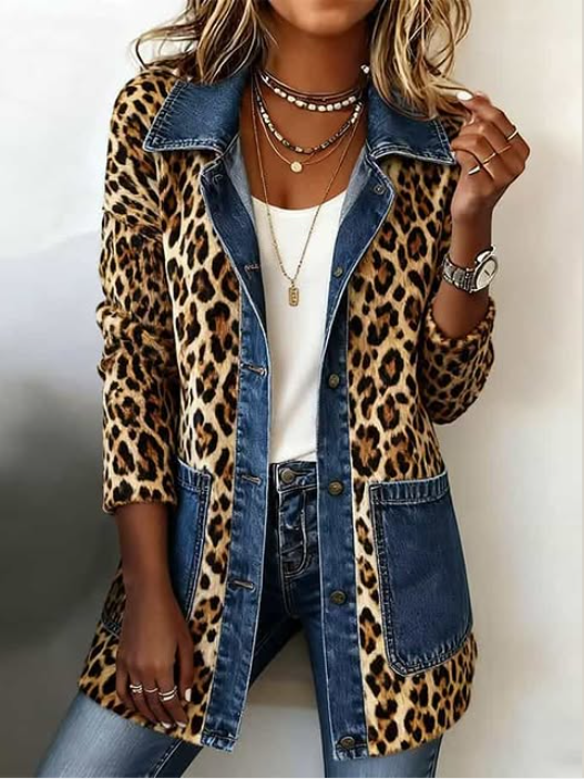 Nora | Chaqueta Larga de Leopardo con Detalles Vaqueros
