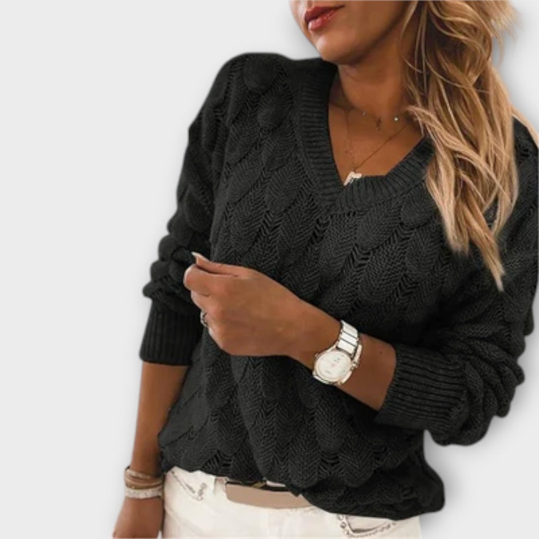 Noemier - Suéter gris con escote en V y diseño calado