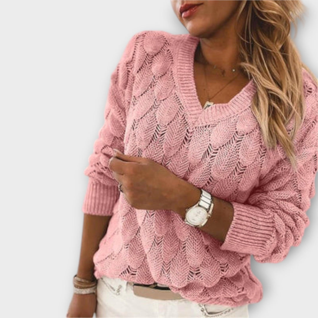 Noemier - Suéter gris con escote en V y diseño calado