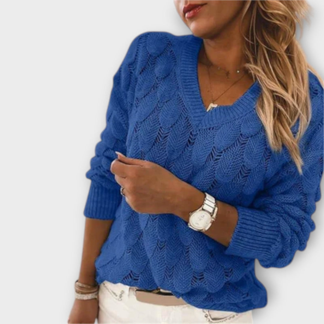 Noemier - Suéter gris con escote en V y diseño calado