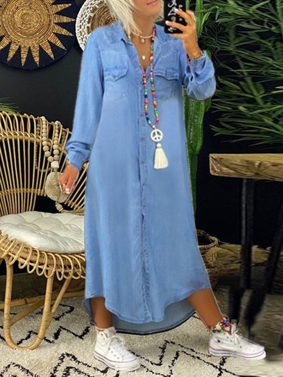 Helena - Vestido Camisero de Denim Casual Elegante | Tendencia Vaquera