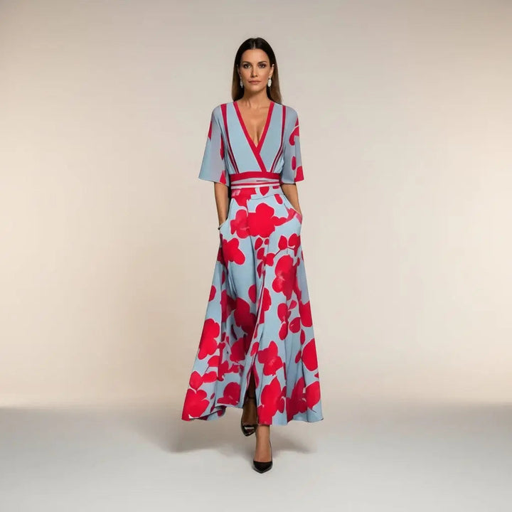 Marina - Vestido Largo con Estampado y Cuello en V Elegante