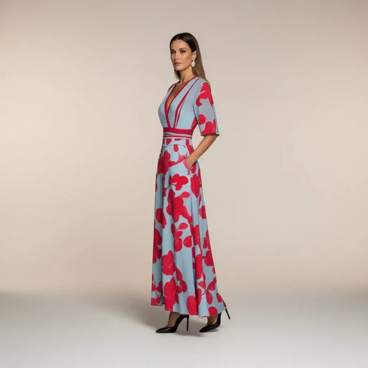 Marina - Vestido Largo con Estampado y Cuello en V Elegante